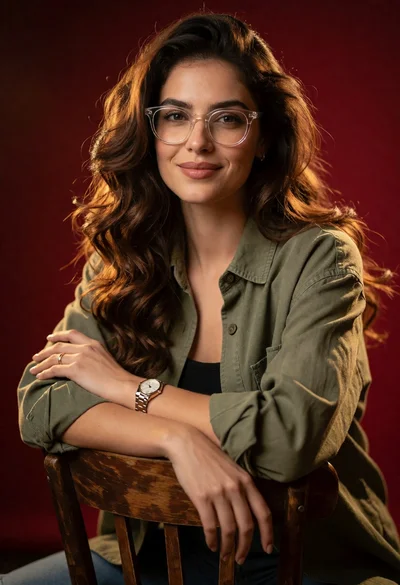 Portrait of woman with brown hair sitting on chair against deep red