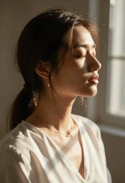 Serene closeup profile of woman with eyes closed in warm sunlight