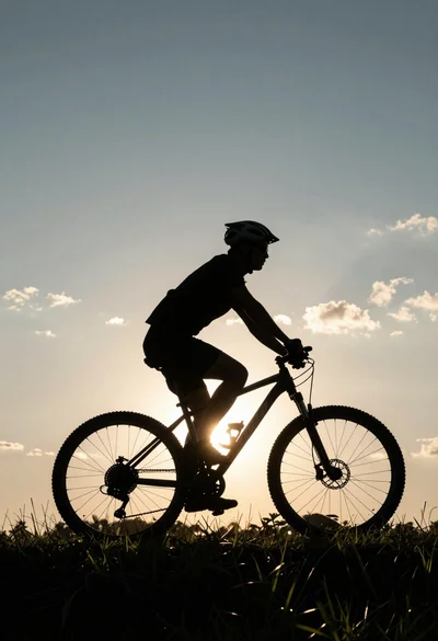 Silhouette of cyclist riding mountain bike across grassy field at sunset