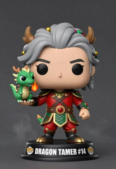 Stylized funko pop figure of dragon tamer holding small green dragon