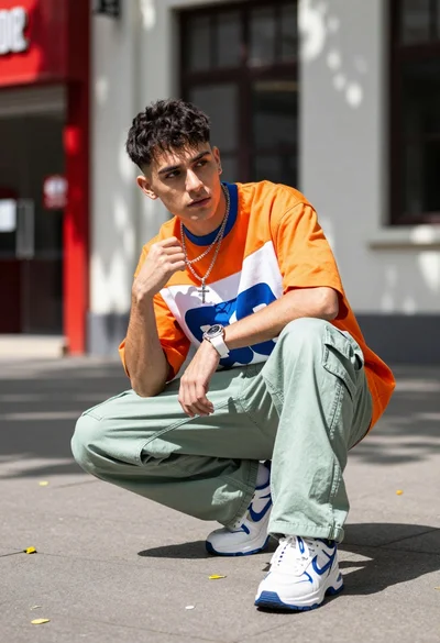 Young man crouching outdoors in streetwear near white building facade