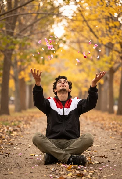 Young man tossing pink flower petals on dirt path in autumn park