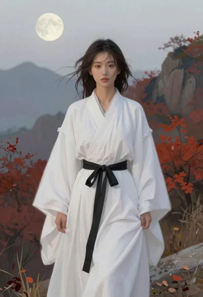 Woman in white robe before autumn misty mountains and moon