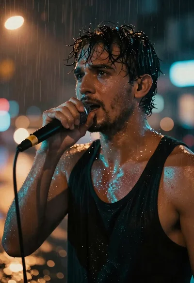 Man singing into microphone in rainy urban street