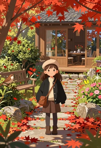 Young girl standing in autumn garden with falling red maple leaves