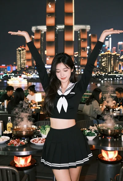 Young woman posing at outdoor rooftop hot pot table overlooking city skyline