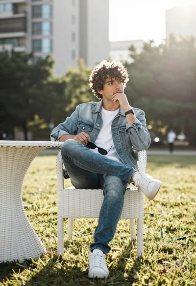 Man sitting in white wicker chair outdoors with blurred city buildings