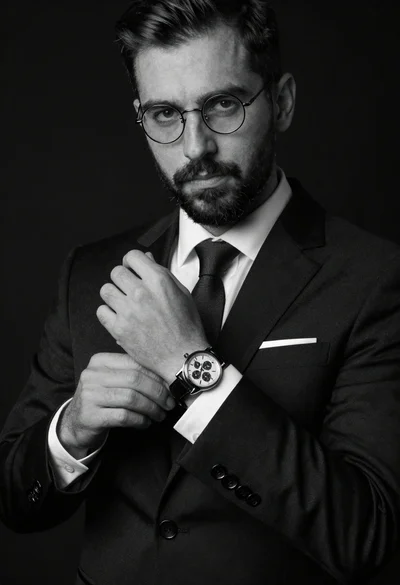 Monochrome portrait of man adjusting wristwatch on black background