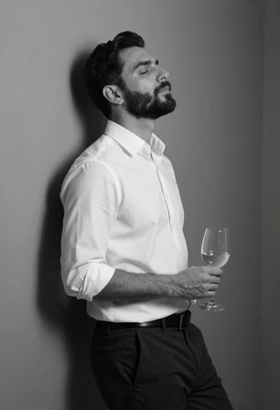 Black and white portrait of man leaning against corner wall