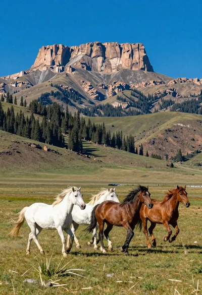 Wild horses galloping across green field near mountains