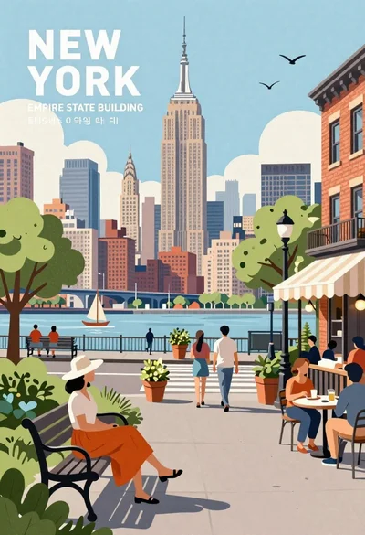 New york city street scene illustration with empire state building and park