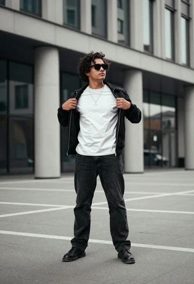 Young man in black jacket standing confidently in modern urban plaza setting