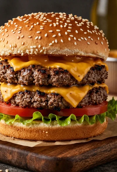 Close up double cheeseburger on wooden cutting board