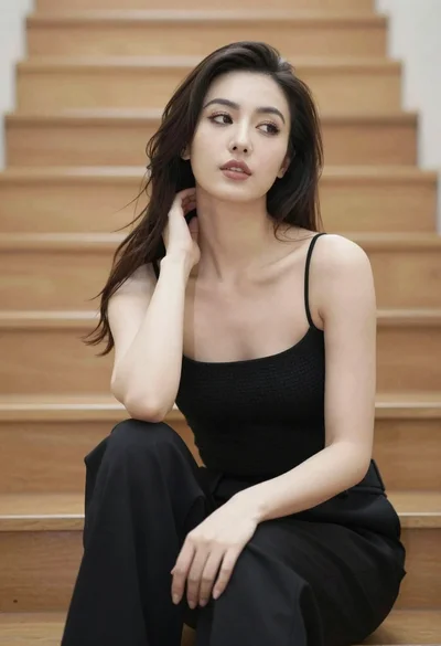 Woman with dark hair sitting on wooden staircase looking thoughtfully upward