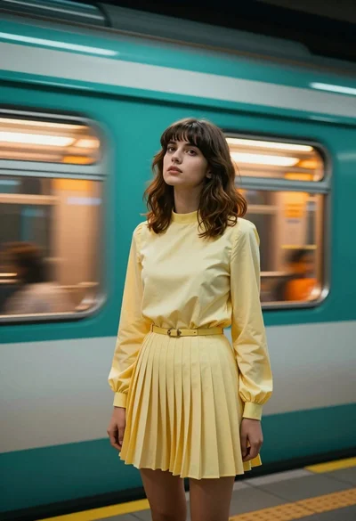 Young woman in yellow dress at subway station with fast moving train