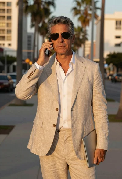 Middleaged man in linen suit outdoors at golden hour