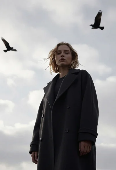 Woman in dark coat standing against overcast sky