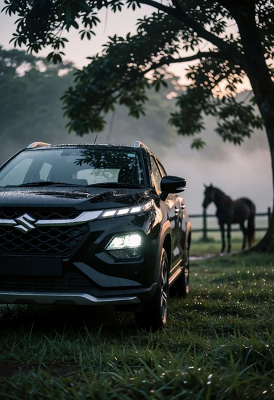 Black suv parked on wet grass near a dark horse in misty