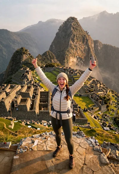 Exhilarated tourist woman at machu picchu summit at dawn