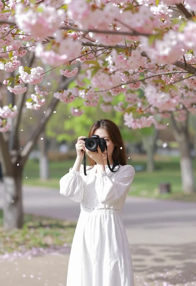 Young woman in white lace dress holding camera under cherry blossoms