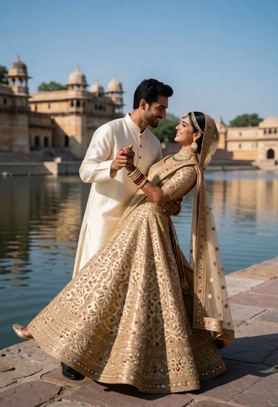 Couple dancing in traditional indian wedding attire by sandstone waterfront architecture