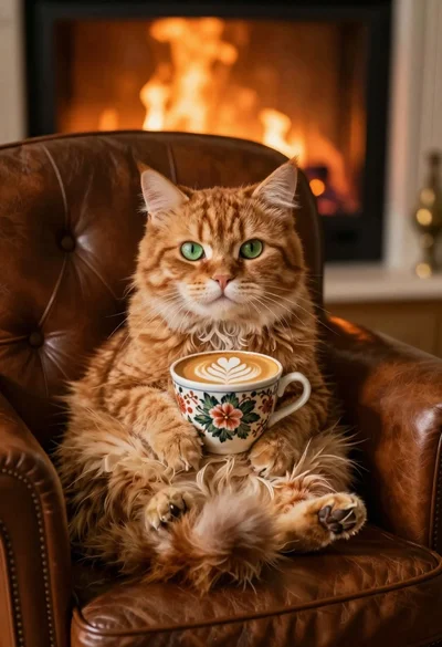 Ginger cat lounging in leather armchair by fireplace
