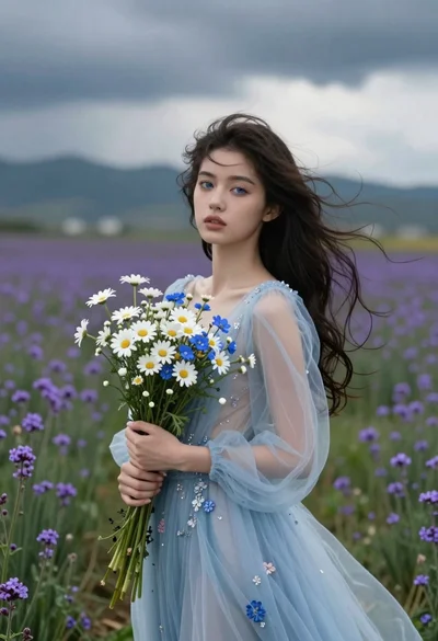 Young woman in blue gown holding wildflowers in purple field