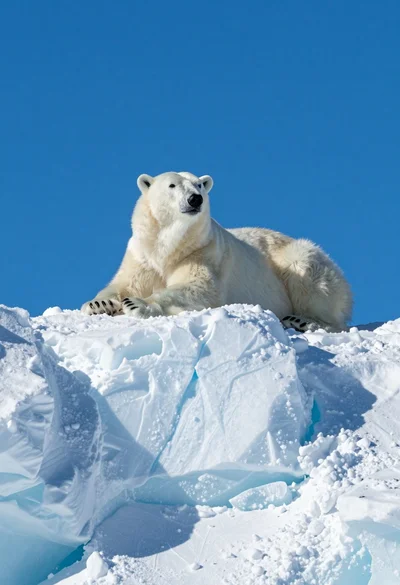 Majestic polar bear resting on rugged snow covered ice formation under deep