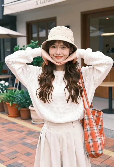 Cheerful young woman smiling at cafe patio with plaid tote bag