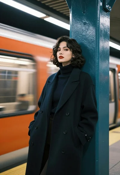 Stylish woman leaning on pillar at subway platform with moving train background
