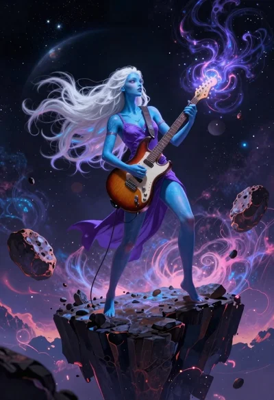 Alien goddess playing guitar on floating space cliff