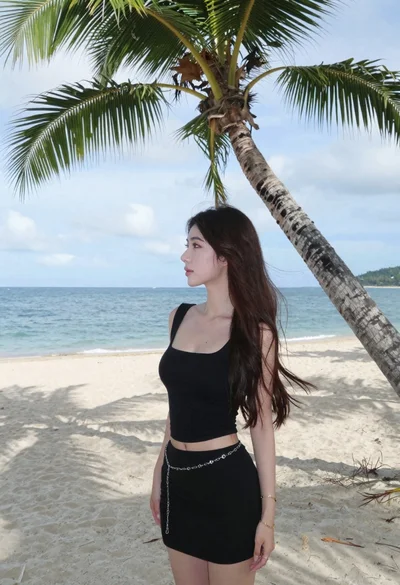 Young woman in black outfit standing on tropical beach near palm tree