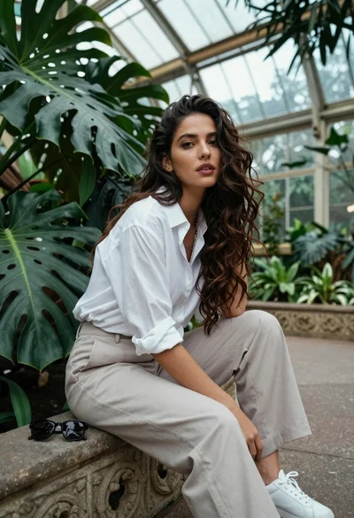 Young woman in white shirt sitting on stone ledge in glasshouse garden