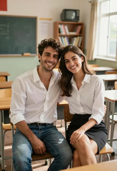 Smiling young couple sitting together in a sunlit classroom with wooden desks