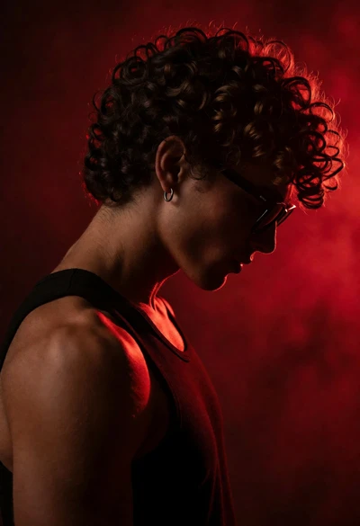 Dramatic profile portrait of young man with curly dark hair against deep