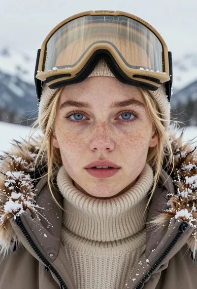 Close up portrait of woman with freckles wearing winter coat in snowy