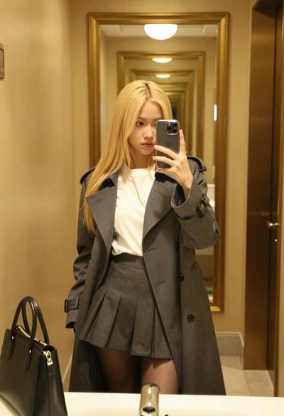 Young blonde woman taking mirror selfie in luxurious golden hallway