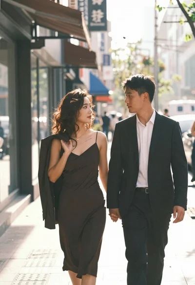 Stylish couple walking hand in hand on sundrenched city sidewalk