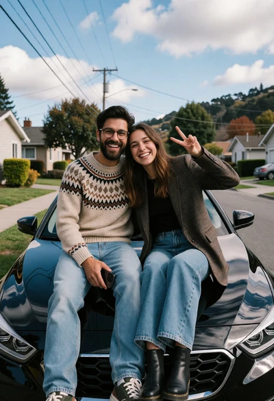 Cheerful couple sitting on a black car hood in suburban neighborhood setting