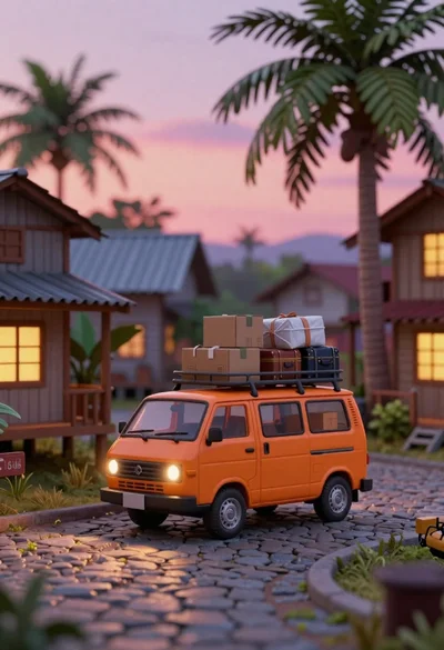 Miniature orange van loaded with luggage parked on cobblestone path in tropical