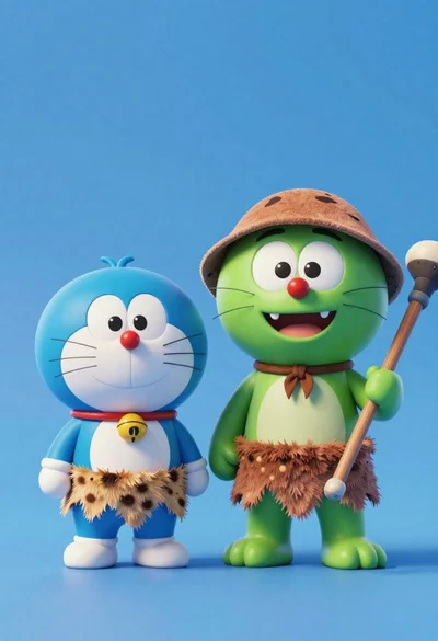 Two friendly cartoon cats standing side by side against a blue background