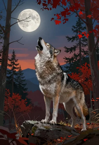 Wolf howling at the moon in an autumn forest