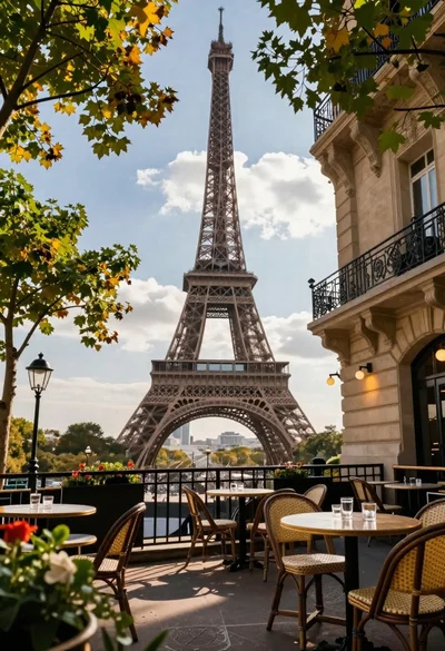 Romantic outdoor cafe terrace with eiffel tower in background under dramatic sky