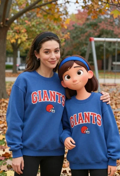 Realistic woman and cartoon girl in blue giants sweatshirts at an autumn