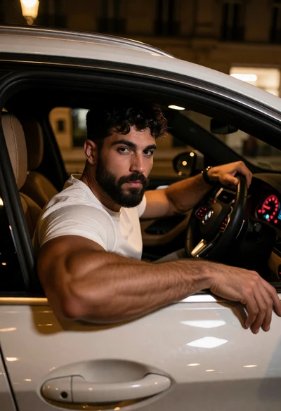 Muscular man in white tshirt sitting inside a white car at night
