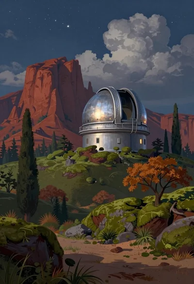 Surreal alien landscape observatory among red mountains