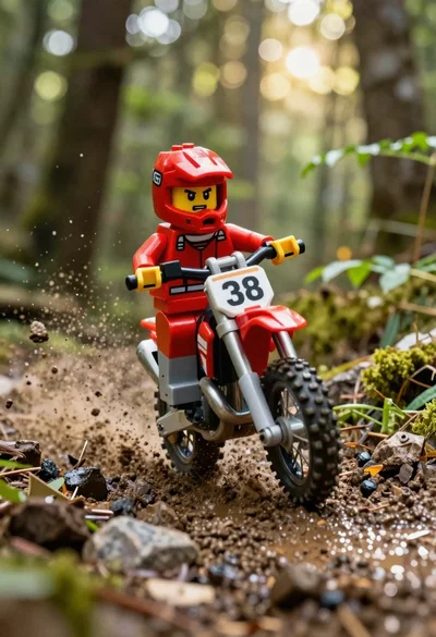 Red lego minifigure motocross rider speeding through muddy forest trail