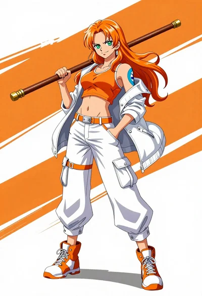 Confident anime woman with orange hair holding a wooden staff in sports