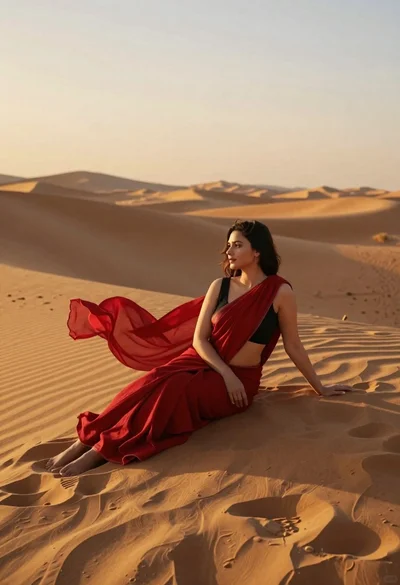 Young woman in red sari sitting on sand dunes at golden hour