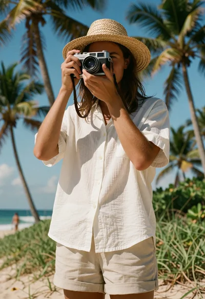 Person in straw hat taking photo on sunny tropical beach with palm